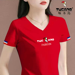 啄木鸟纯棉红色v领短袖t恤女夏季2024韩版百搭半袖修身显瘦打底衫