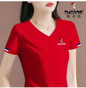 啄木鸟纯棉v领短袖t恤女2024新款潮夏季爆款洋气上衣红色半袖体恤
