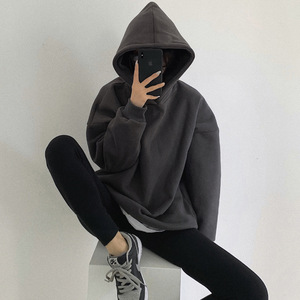 深灰色连帽卫衣女2022春秋季美式复古oversize中长款宽松上衣显瘦
