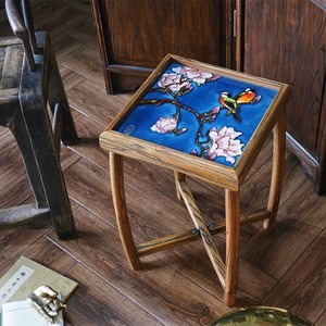 【佳女子出品】老榆木家具 实木镶嵌瓷板画沙发边几 可折叠小茶几