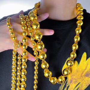 正品18k黄金项链男士新款实心3d硬金光圆珠转运佛珠不掉色送礼物