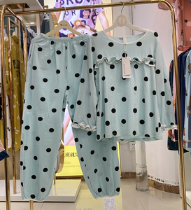 芬腾特价清仓女士睡衣春秋长袖长裤圆点针织纯棉外穿舒适女家居服