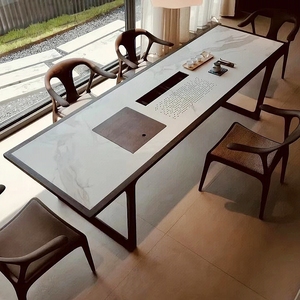 传世长方形茶桌北美黑胡桃木餐桌北欧简约现代大理石岩板泡茶桌