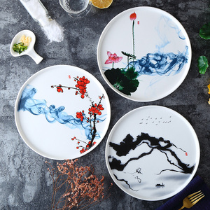 中式创意陶瓷菜盘家用平盘直边盘复古水墨风图案盘子包邮