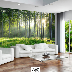 现代简约壁纸树林绿色森林墙纸风景沙发墙卧室背景墙壁画无缝墙布