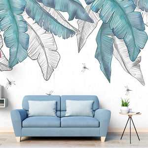 现代简约手绘芭蕉叶子墙纸北欧小清新热带植物沙发背景墙壁纸壁画
