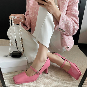 海派甜心~气质一字带粉色7cm高跟玛丽珍鞋春季粗跟真皮单鞋女
