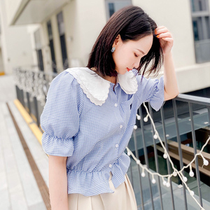 文艺短款娃娃领短袖衬衫女吾思其可爱气质甜美泡泡袖格纹减龄小衫