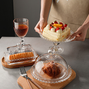 索厨 欧式透明玻璃爱心蛋糕托盘餐厅创意高脚水果盘带盖点心盘