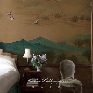 新中式古典山水壁纸复古怀旧青山绿水拍照壁画酒店沙发背景墙纸布