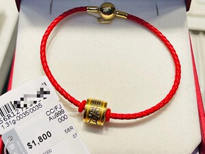 香港周大福专柜正品999黄金发字路路通转运珠手链发财皮绳手链