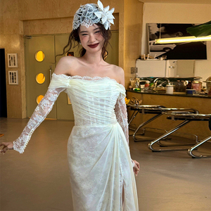 法式一字肩轻婚纱新娘简约高级森系长袖出门迎宾纱白色蕾丝礼服裙