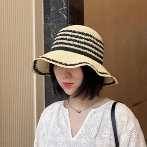 夏季出游随意凹造型复古遮阳帽防晒新款黑米撞色镂空手工编织草帽