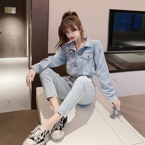 春季牛仔套装女150cm155矮小个子显高穿搭配时尚洋气外套两件套潮