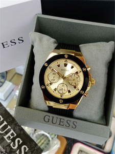 正品Guess盖斯手表时尚黑金欧美三眼硅胶表带石英女表GW0030L2