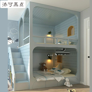 欧式简约款多功能储物楼梯儿童床创意书架窗户设计上下双层实木床