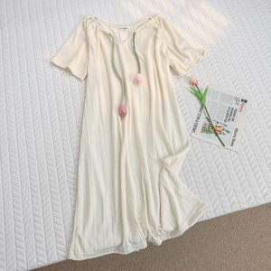 2024年甜美花朵纯色睡裙夏季新款日系纯棉短袖中长款连衣裙睡衣女