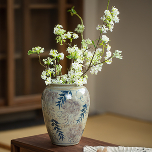 中式复古陶瓷花瓶手绘紫藤景德镇手工粗陶插花器餐桌水养鲜花文艺