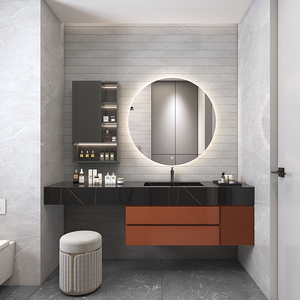 意式轻奢简约现代岩板浴室柜组合卫生间一体盆智能镜洗脸陶瓷盆柜