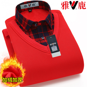 雅鹿本命年大红色保暖衬衫男士加绒加厚加肥加大码长袖假两件衬衣