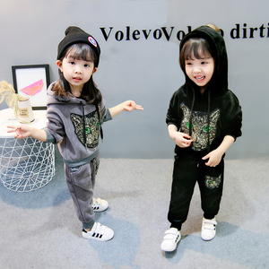 女童秋冬款套装1-6岁宝宝加绒加厚卫衣3儿童洋气运动金丝绒两件套