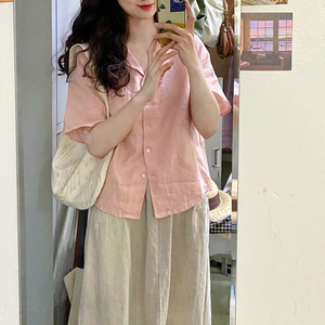 粉色棉麻短袖衬衫女夏季薄款设计感小众亚麻复古日系衬衣宽松上衣