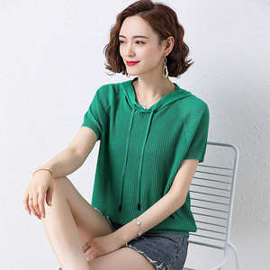 冰丝短袖t恤女夏季针织衫上衣连帽卫衣女士薄款年轻妈妈夏装t恤衫