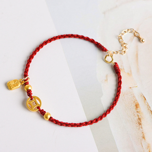 2021年新款s999足金黄金福牌红绳手链女纯金铜钱转运古法编织手绳