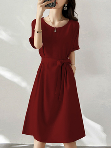 潮牌夏季2024新款气质连衣裙宽松显瘦港味复古休闲高级感红色长裙