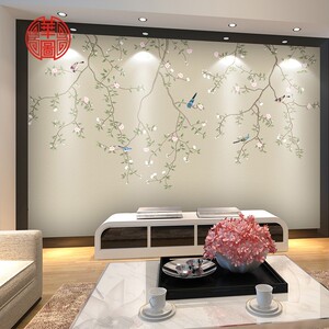 素雅中式墙纸卧室床头墙布无纺布电视背景墙定制壁画村里的神仙45