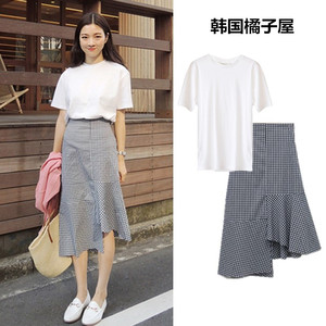 2024夏季韩版黑白格子半身裙+白色T恤小香风两件套时尚套装女学生