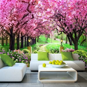 3d简约现代樱花树林风景立体壁纸电视客厅沙发背景墙纸大自然壁画