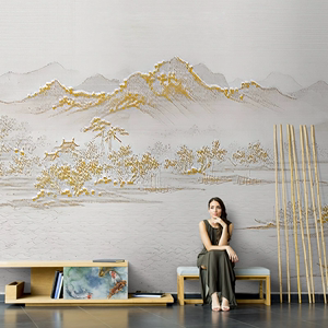 3D现代轻奢金属中式壁纸电视背景墙卧室墙布装饰别墅山水定制壁画