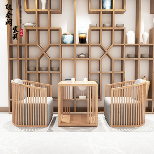 新中式休闲沙发椅三件套酒店会所茶楼民宿餐厅实木接待洽谈单人椅