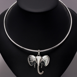 百氏银诚999足银项圈女款复古纯银光面实心颈圈大象吊坠