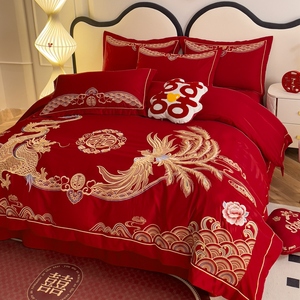 被套单件婚庆大红色四件套中式结婚床上用品龙凤刺绣被罩200*230