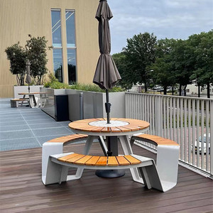 休闲庭院户外桌椅室外柚木不锈钢公共场合公园椅卡座圆形坐凳组合