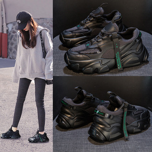 香港潮牌2021款in超火黑色老爹鞋厚底百搭黑武士透气增高运动鞋女