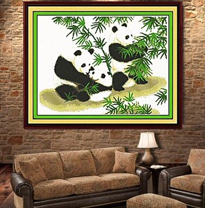 纯手工十字绣成品国宝熊猫吃竹子财福双全客厅儿童卧室装饰小挂画