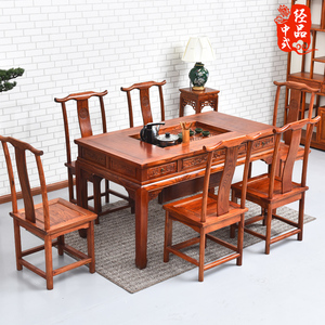 茶桌椅组合明清仿古榆木功夫茶几茶台中式实木家具雕花四抽茶桌