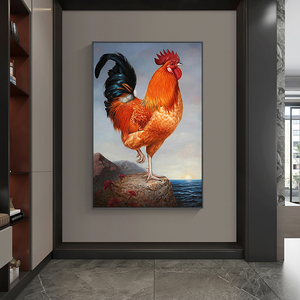 手绘生肖鸡油画大公鸡新中式客厅装饰画金鸡报晓轻奢玄关挂画动物
