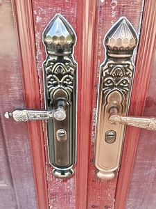 室外门欧式通用型大门把手防盗门套餐手柄机械门锁红古铜配件面板