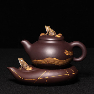 台湾回流宜兴老茶壶文革紫砂一厂许彩云制纯手工 老紫泥 蛙趣套壶