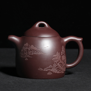宜兴紫砂壶纯手工名家陈菊华紫泥家用功夫泡茶壶 刻绘秦权壶