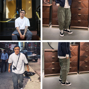 春夏余文乐同款日系宽松复古水洗做旧泼墨刀割休闲工装裤阔腿裤男