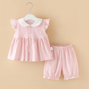 粉色格子女宝宝衣服套装分体两件套夏装女童外出小公主纯棉婴儿装
