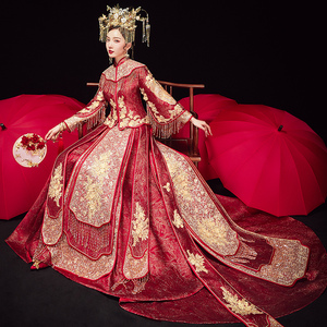 秀禾服新娘2019新款拖尾婚纱中式中国风凤冠霞帔古装嫁衣出阁