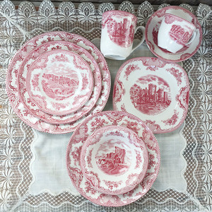 外贸出口瓷陶瓷盘子早餐盘原单复古欧式 红色城堡 西餐餐具装饰盘