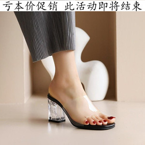 特大码女鞋41一43 44 45 46 47 48 外贸一字型高跟凉鞋子粗跟拖鞋