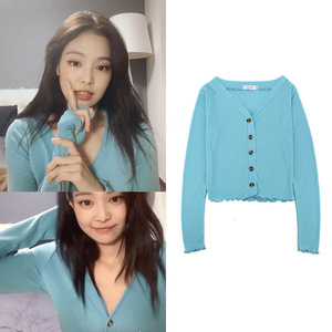 2021jennie金珍妮同款上衣外套蓝色修身空调房薄款高级针织开衫女